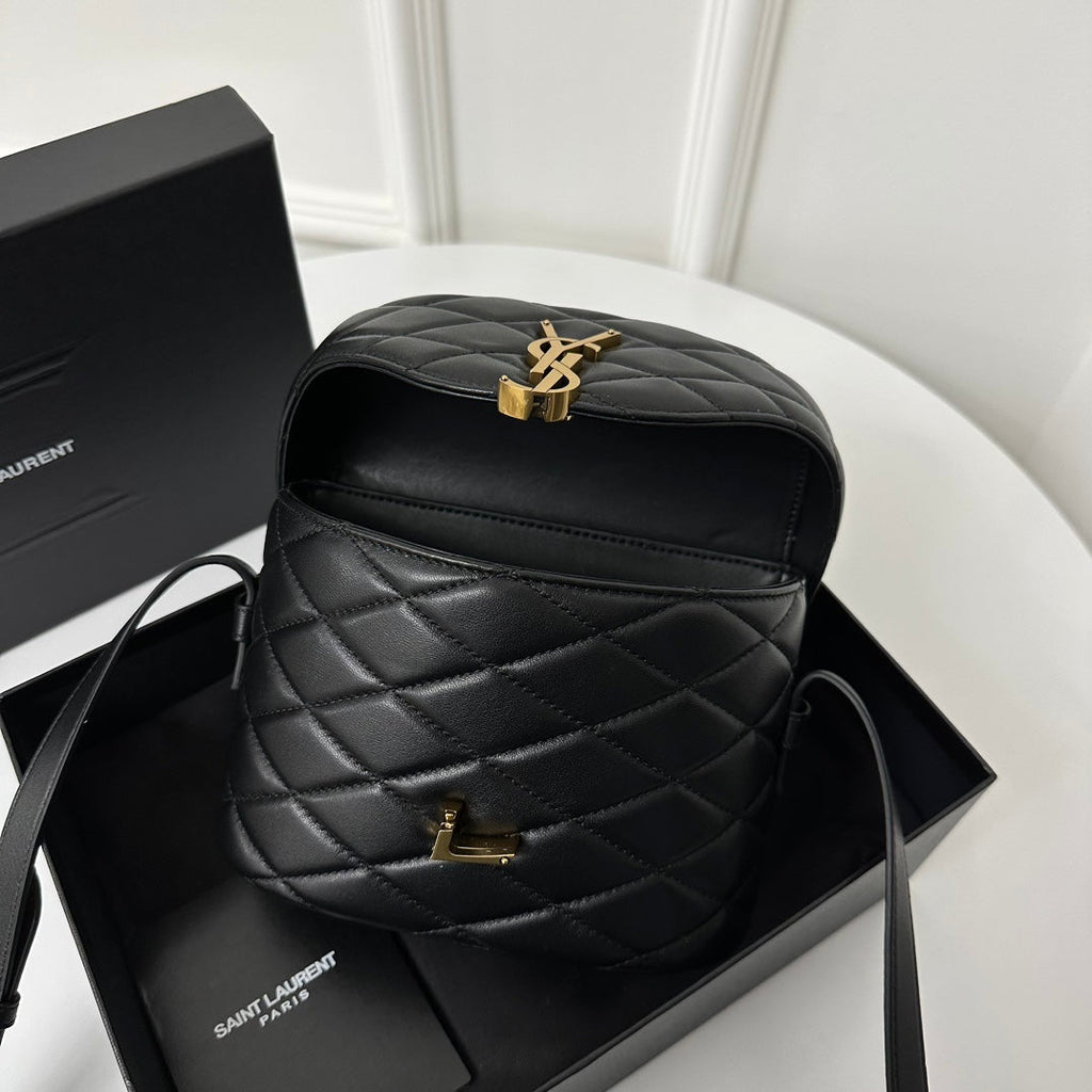 SAINT LAURENT JUNE 19 BLACK QUILTED LAMBSKIN WITH GOLD LOGO BOX BAG