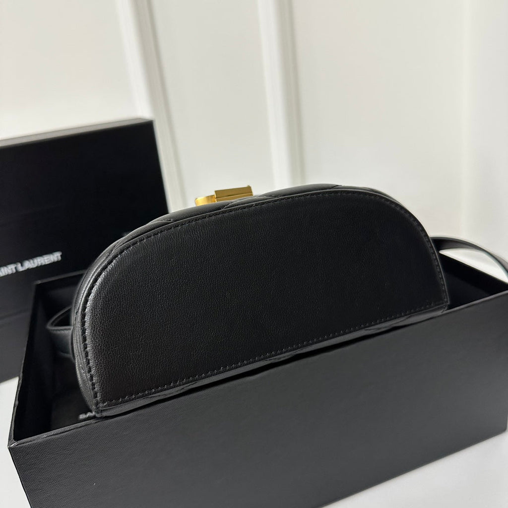 SAINT LAURENT JUNE 19 BLACK QUILTED LAMBSKIN WITH GOLD LOGO BOX BAG