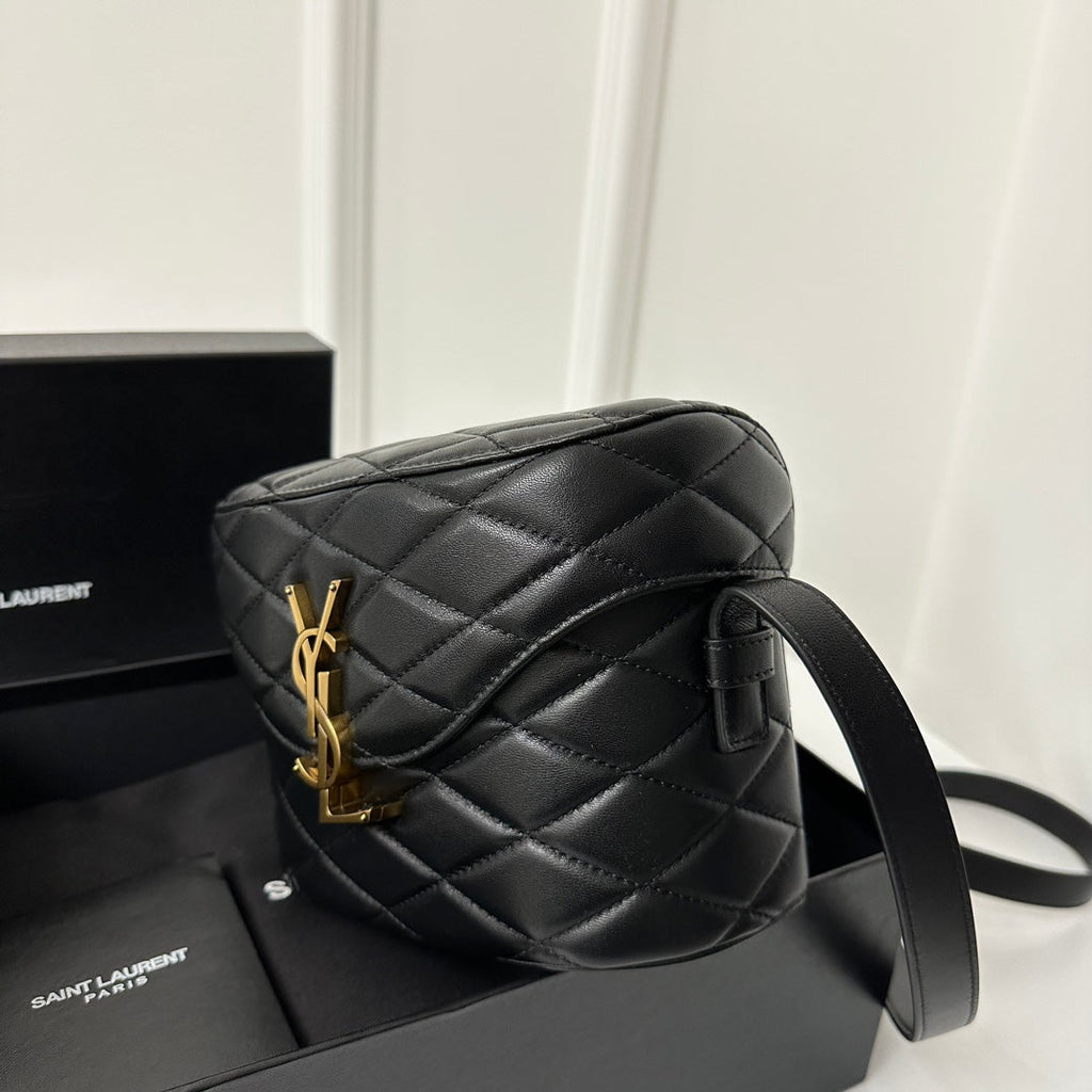 SAINT LAURENT JUNE 19 BLACK QUILTED LAMBSKIN WITH GOLD LOGO BOX BAG
