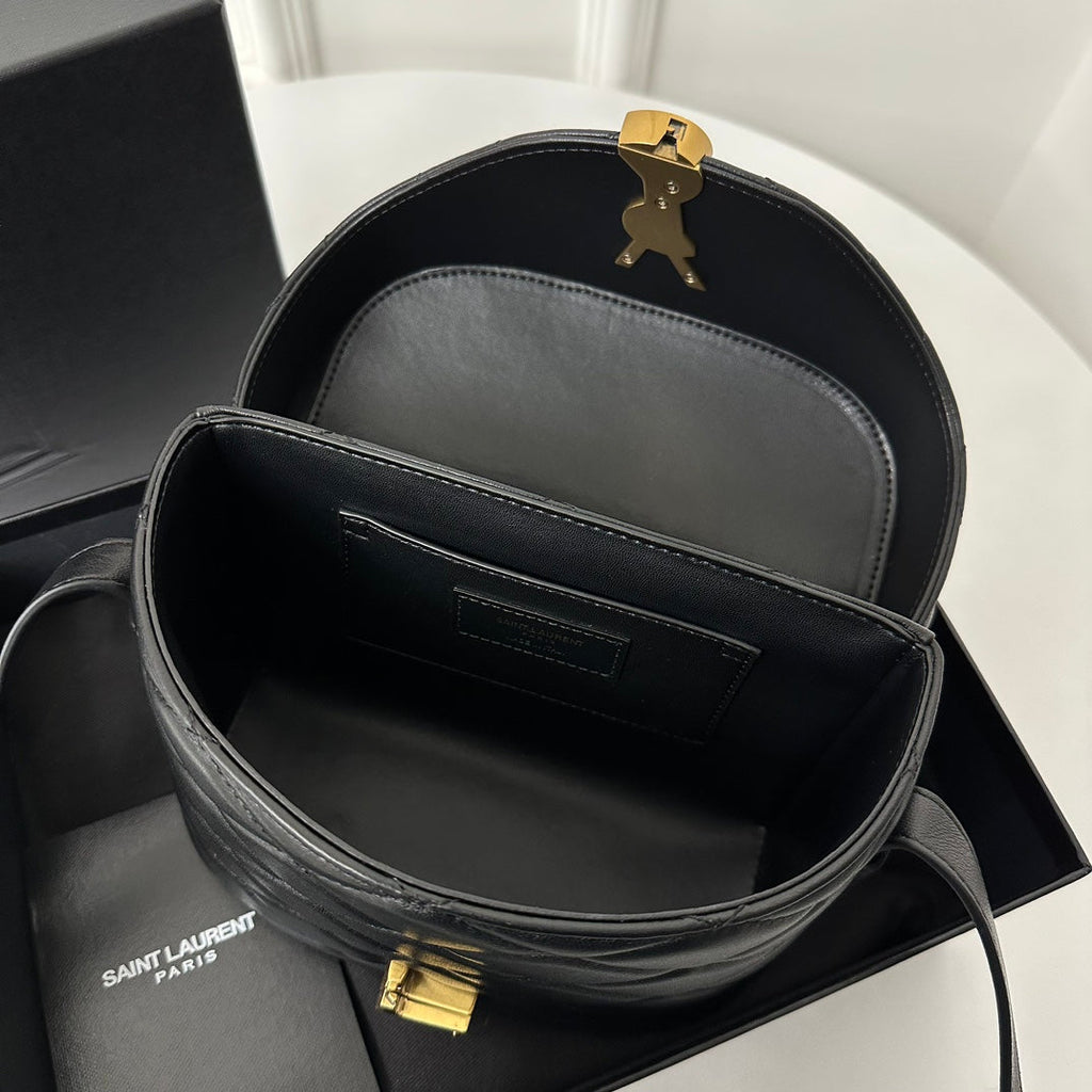 SAINT LAURENT JUNE 19 BLACK QUILTED LAMBSKIN WITH GOLD LOGO BOX BAG