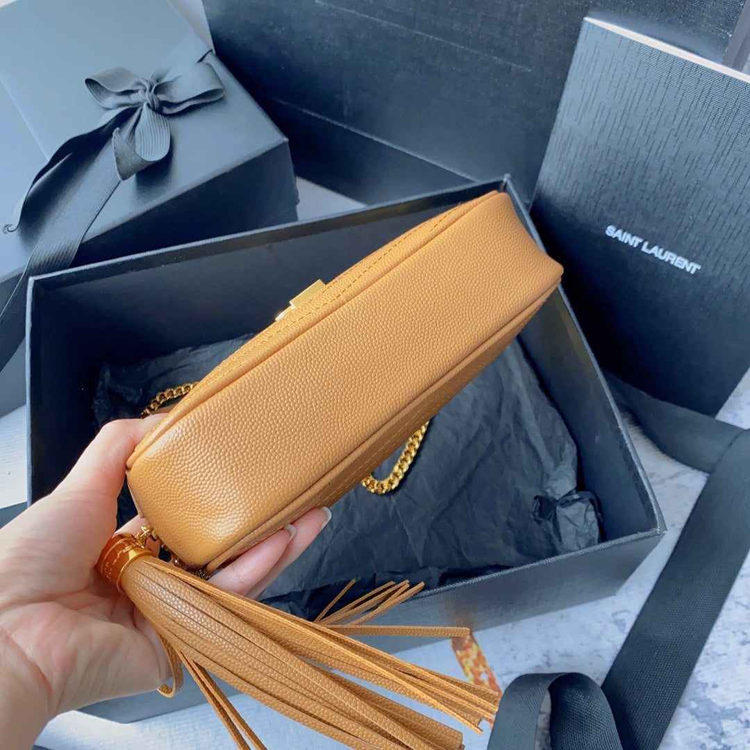 SAINT LAURENT LOU MINI CAMERA BAG 19 IN MANGO ORANGE CAVIAR PATTERN CALFSKIN GOLD HARDWARE