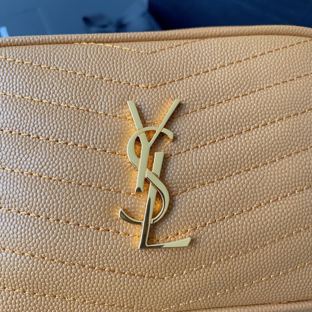 SAINT LAURENT LOU MINI CAMERA BAG 19 IN MANGO ORANGE CAVIAR PATTERN CALFSKIN GOLD HARDWARE
