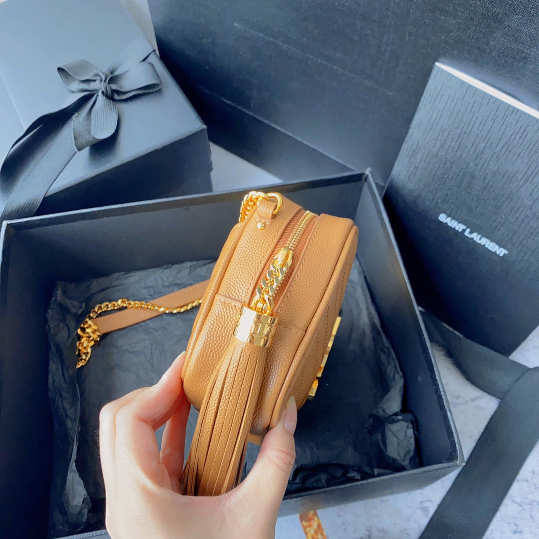 SAINT LAURENT LOU MINI CAMERA BAG 19 IN MANGO ORANGE CAVIAR PATTERN CALFSKIN GOLD HARDWARE