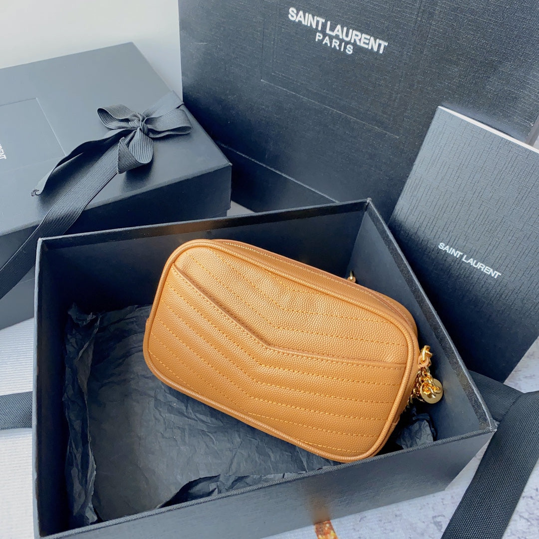 SAINT LAURENT LOU MINI CAMERA BAG 19 IN MANGO ORANGE CAVIAR PATTERN CALFSKIN GOLD HARDWARE