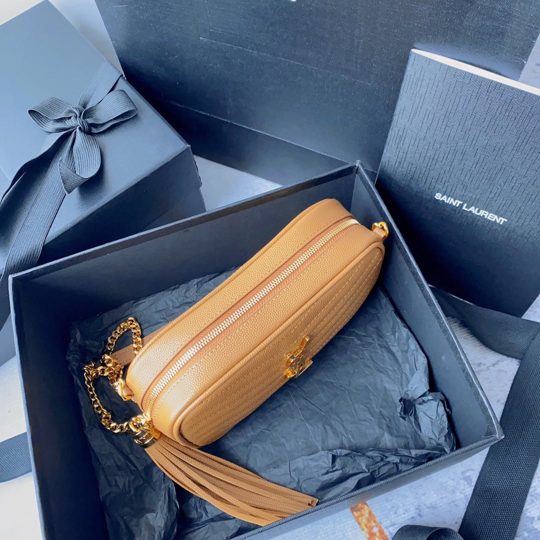 SAINT LAURENT LOU MINI CAMERA BAG 19 IN MANGO ORANGE CAVIAR PATTERN CALFSKIN GOLD HARDWARE