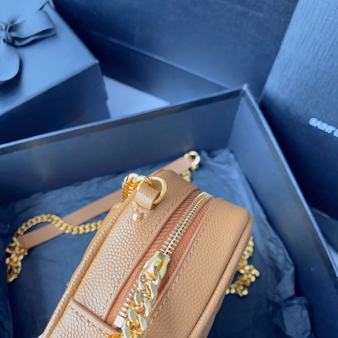 SAINT LAURENT LOU MINI CAMERA BAG 19 IN MANGO ORANGE CAVIAR PATTERN CALFSKIN GOLD HARDWARE