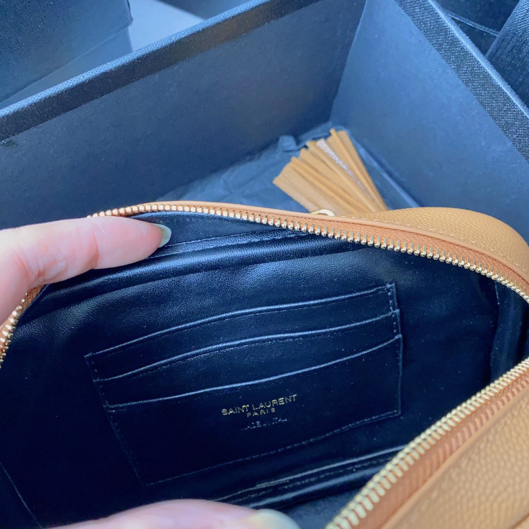 SAINT LAURENT LOU MINI CAMERA BAG 19 IN MANGO ORANGE CAVIAR PATTERN CALFSKIN GOLD HARDWARE