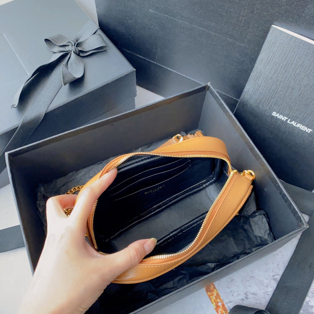 SAINT LAURENT LOU MINI CAMERA BAG 19 IN MANGO ORANGE CAVIAR PATTERN CALFSKIN GOLD HARDWARE