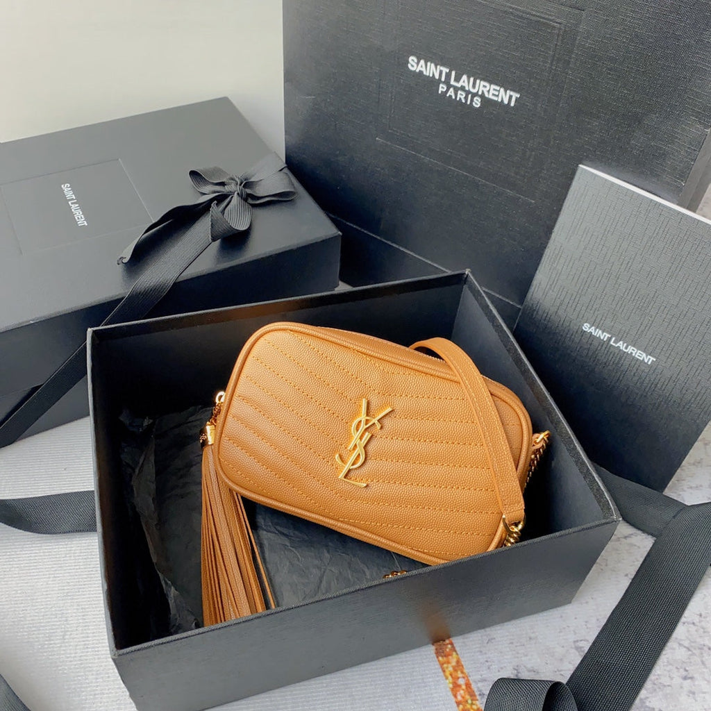 SAINT LAURENT LOU MINI CAMERA BAG 19 IN MANGO ORANGE CAVIAR PATTERN CALFSKIN GOLD HARDWARE