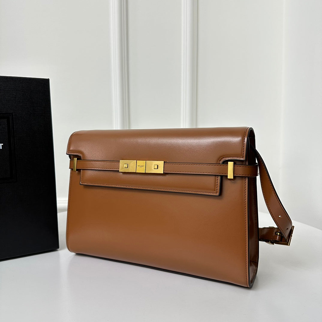 SAINT LAURENT MANHATTAN 29 TOP-HANDLE IN SMOOTH CINNAMON BROWN CALFSKIN