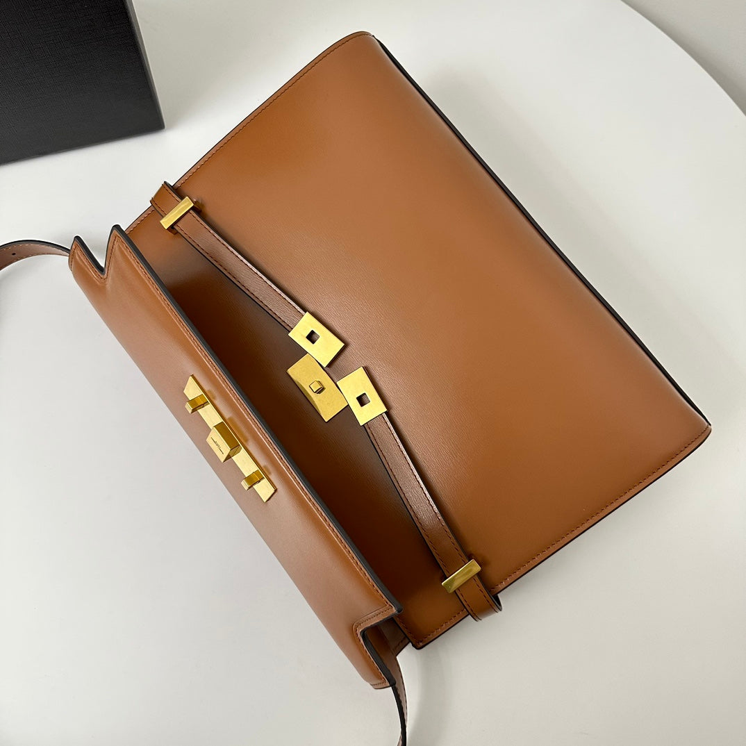 SAINT LAURENT MANHATTAN 29 TOP-HANDLE IN SMOOTH CINNAMON BROWN CALFSKIN