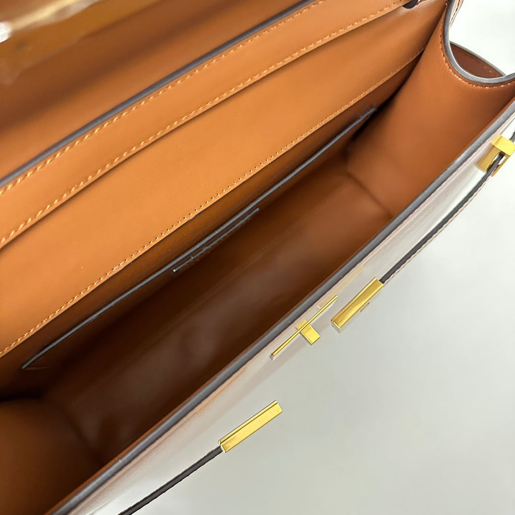 SAINT LAURENT MANHATTAN 29 TOP-HANDLE IN SMOOTH CINNAMON BROWN CALFSKIN