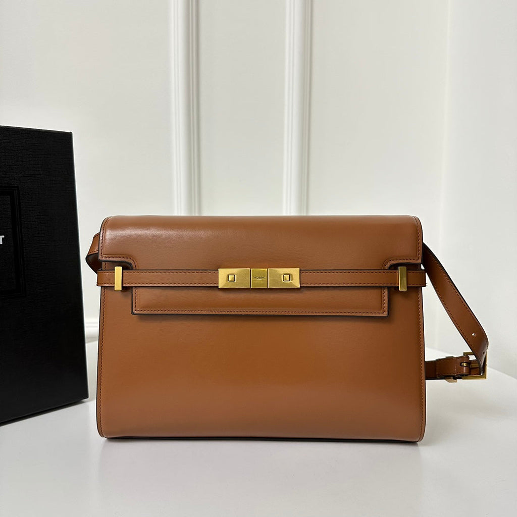 SAINT LAURENT MANHATTAN 29 TOP-HANDLE IN SMOOTH CINNAMON BROWN CALFSKIN