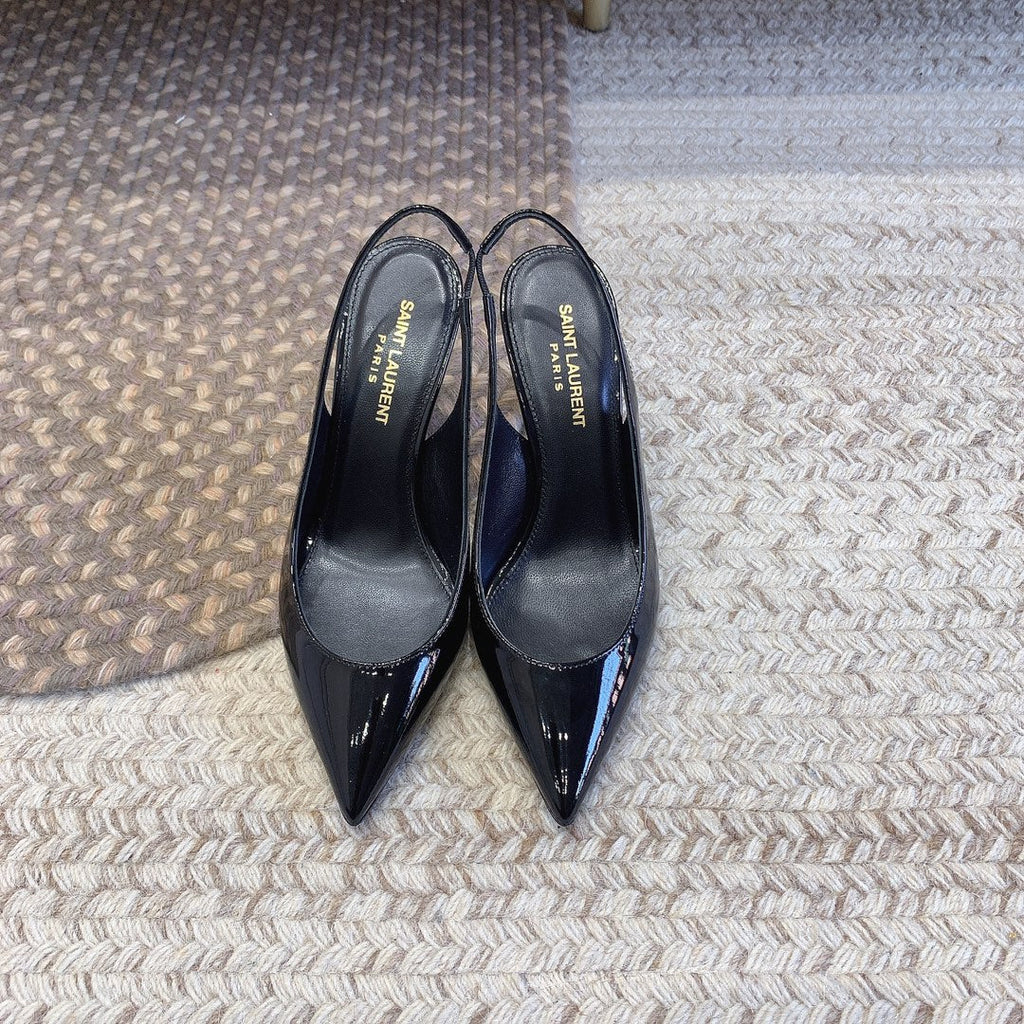 OPYUM SILVER HEEL SLINGBACK PUMPS IN BLACK GLOSSY CALFSKIN
