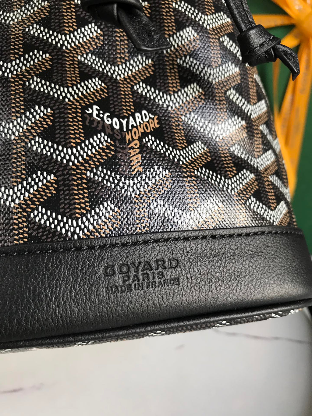 GOYARD PETIT FLOT BUCKET BAG 22 IN BLACK GOYARDINE CANVAS AND LAMBSKIN TRIM