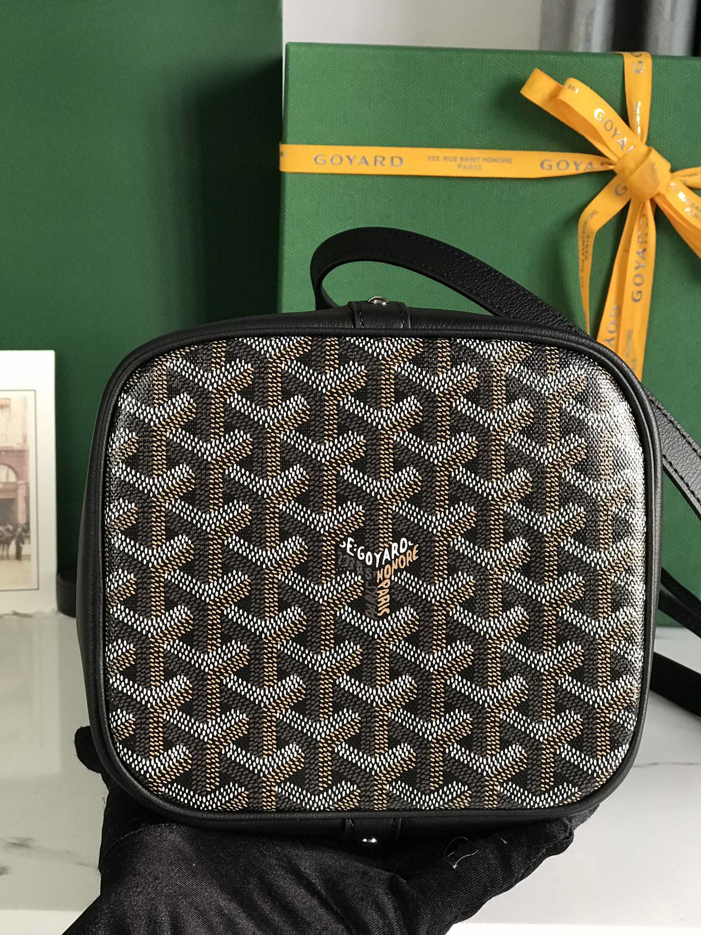 GOYARD PETIT FLOT BUCKET BAG 22 IN BLACK GOYARDINE CANVAS AND LAMBSKIN TRIM