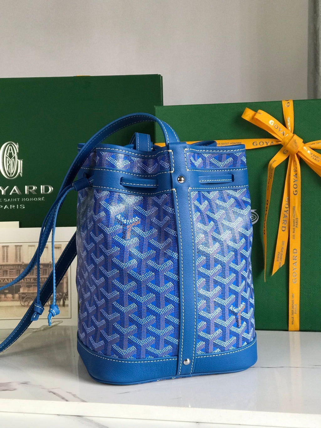 GOYARD PETIT FLOT BUCKET BAG 22 IN SAPPHIRE BLUE GOYARDINE CANVAS AND LAMBSKIN TRIM