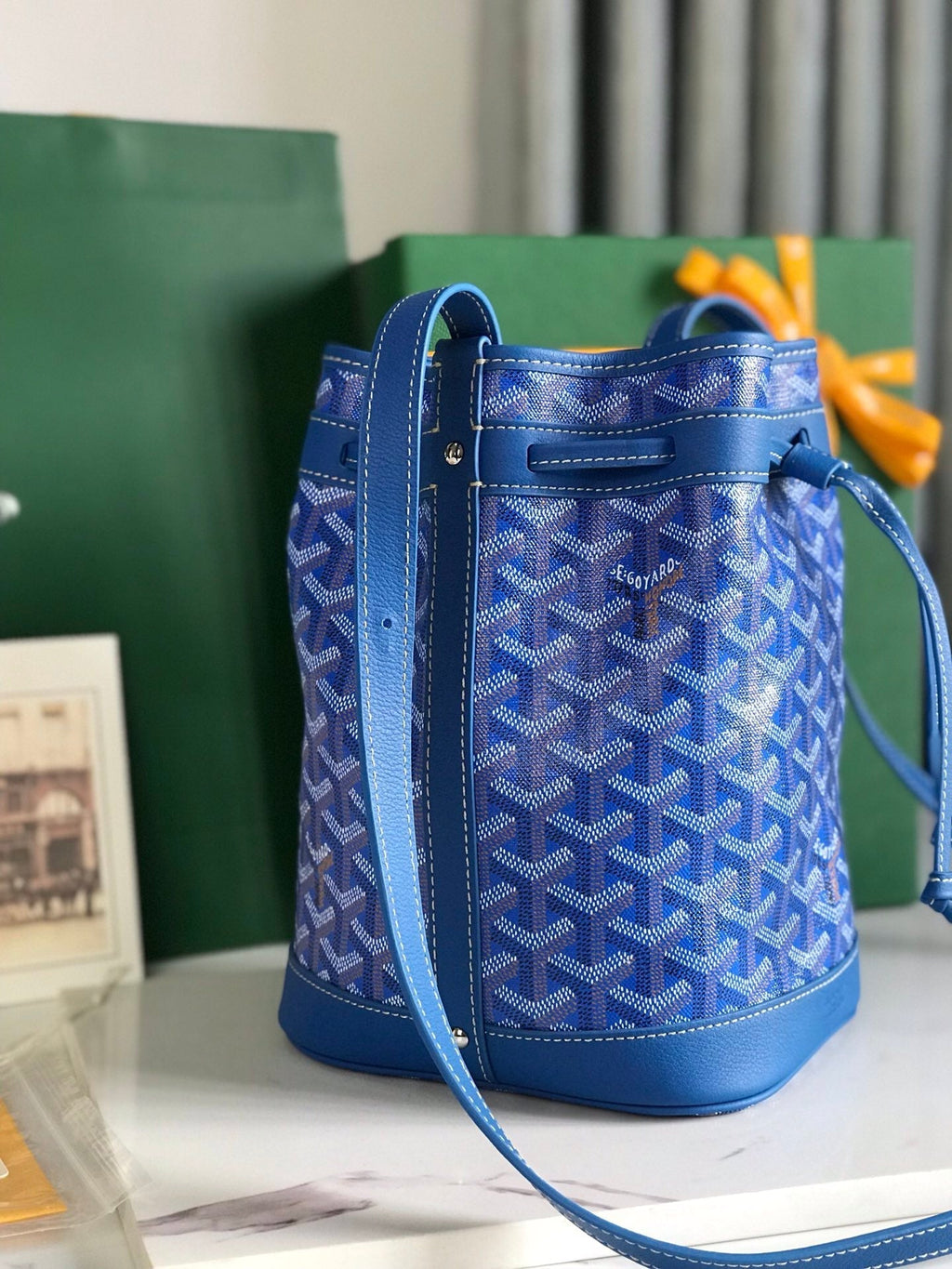 GOYARD PETIT FLOT BUCKET BAG 22 IN SAPPHIRE BLUE GOYARDINE CANVAS AND LAMBSKIN TRIM