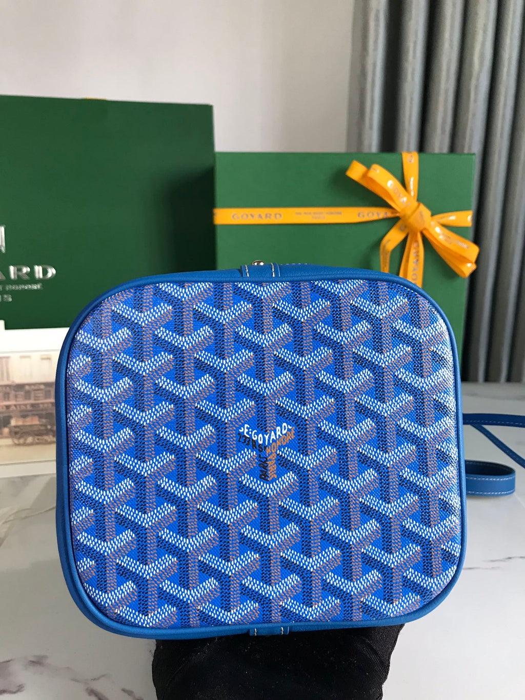 GOYARD PETIT FLOT BUCKET BAG 22 IN SAPPHIRE BLUE GOYARDINE CANVAS AND LAMBSKIN TRIM