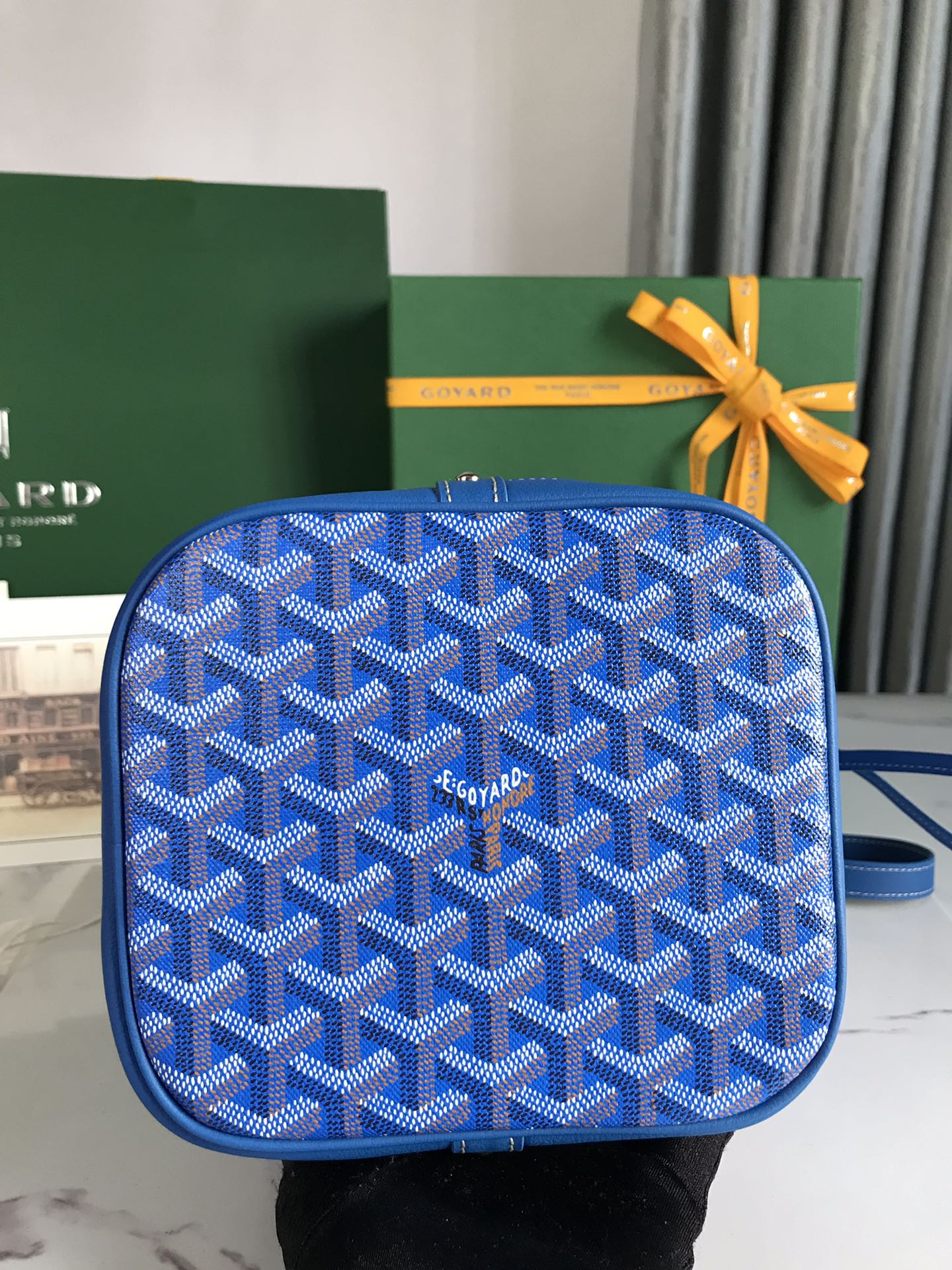 GOYARD PETIT FLOT BUCKET BAG 22 IN SAPPHIRE BLUE GOYARDINE CANVAS AND LAMBSKIN TRIM