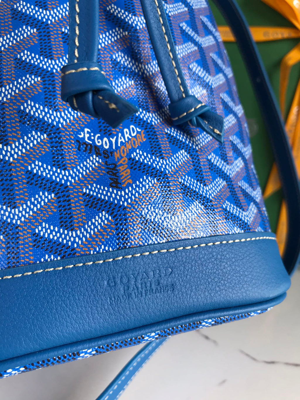 GOYARD PETIT FLOT BUCKET BAG 22 IN SAPPHIRE BLUE GOYARDINE CANVAS AND LAMBSKIN TRIM