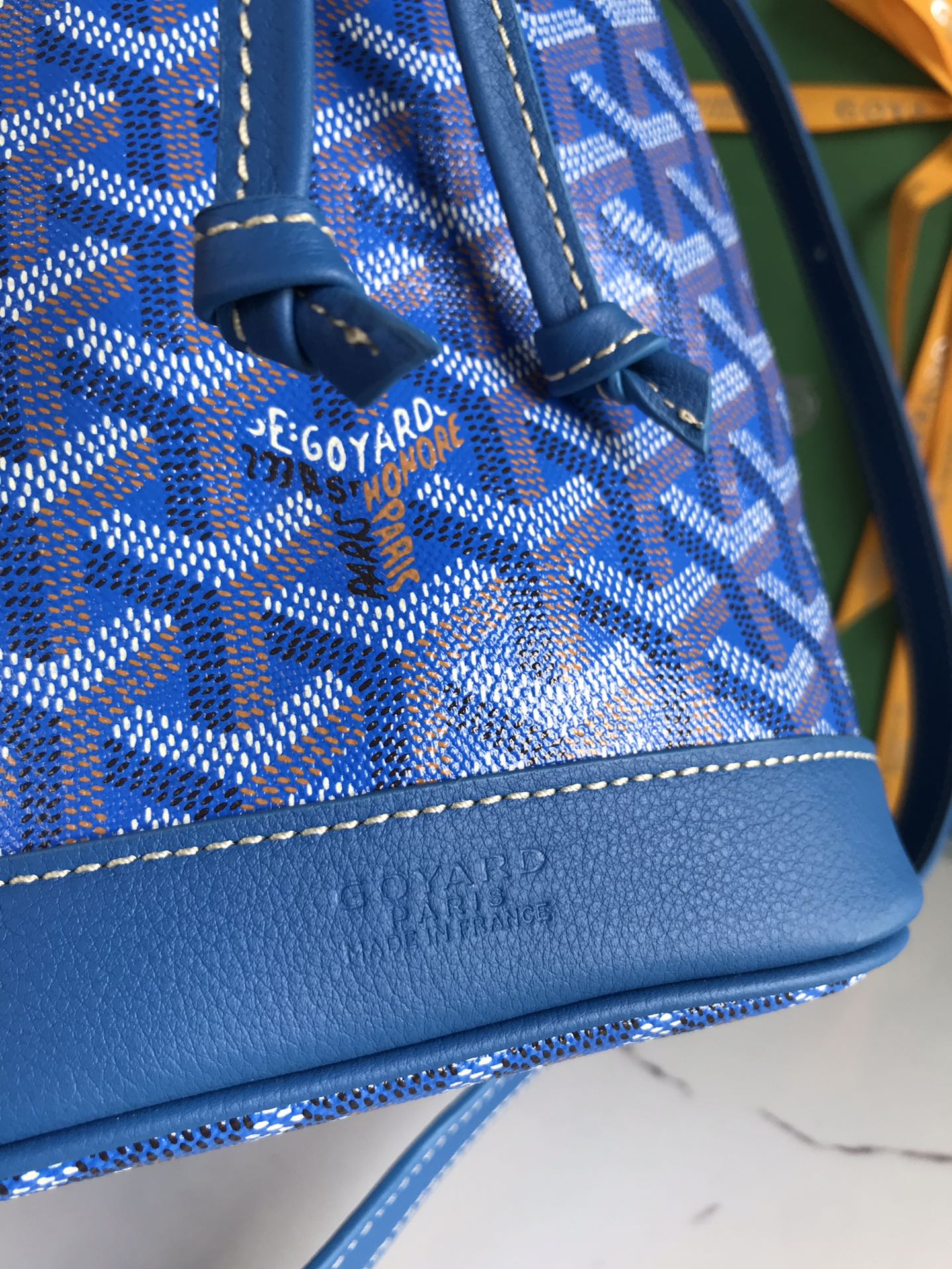 GOYARD PETIT FLOT BUCKET BAG 22 IN SAPPHIRE BLUE GOYARDINE CANVAS AND LAMBSKIN TRIM