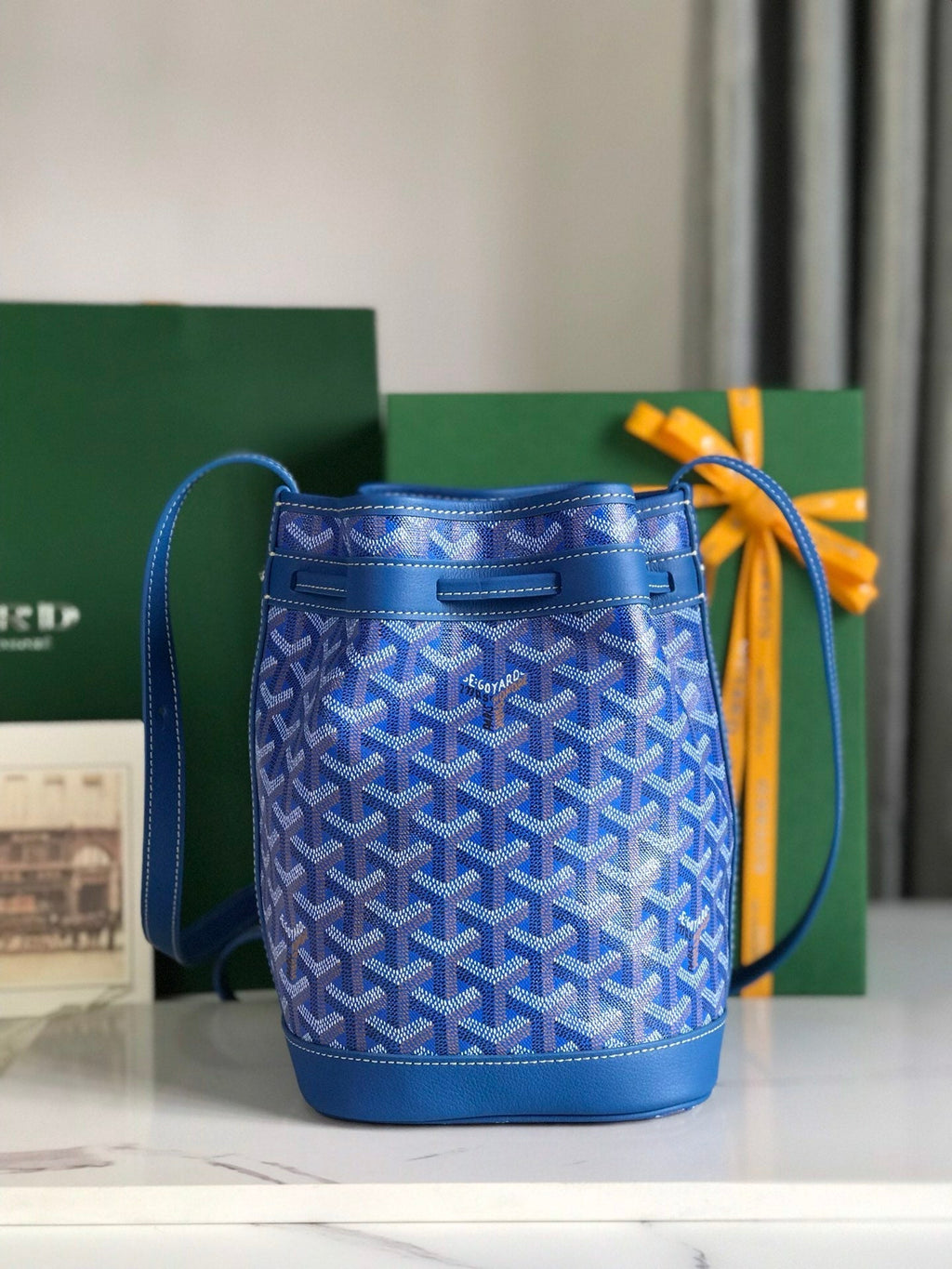 GOYARD PETIT FLOT BUCKET BAG 22 IN SAPPHIRE BLUE GOYARDINE CANVAS AND LAMBSKIN TRIM