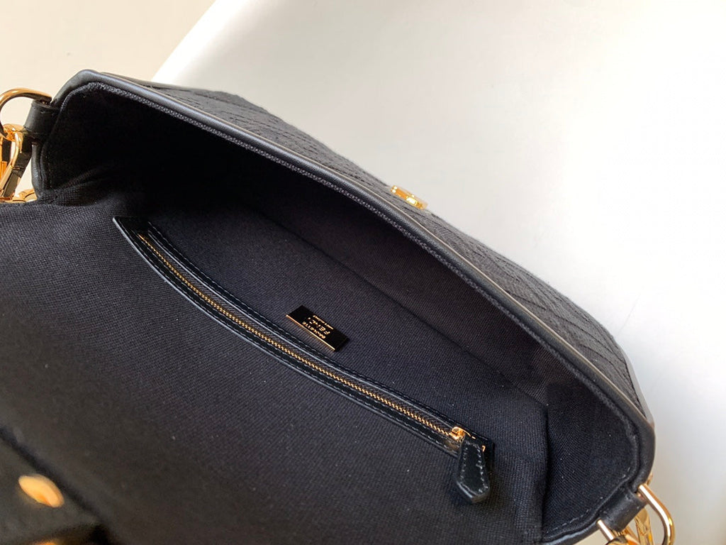 FENDI Fend Baguette Black Canvas Bag 27 with FF Embroidery Ghw