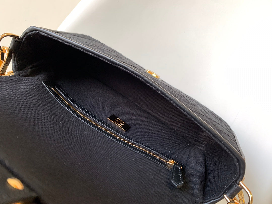 FENDI Fend Baguette Black Canvas Bag 27 with FF Embroidery Ghw