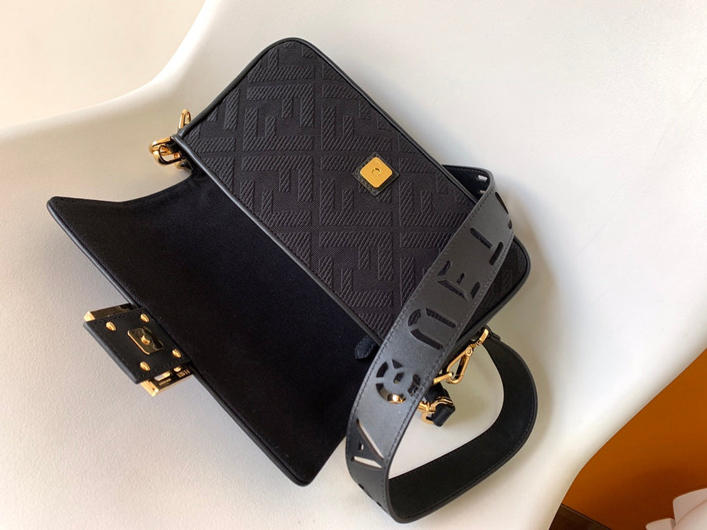 FENDI Fend Baguette Black Canvas Bag 27 with FF Embroidery Ghw