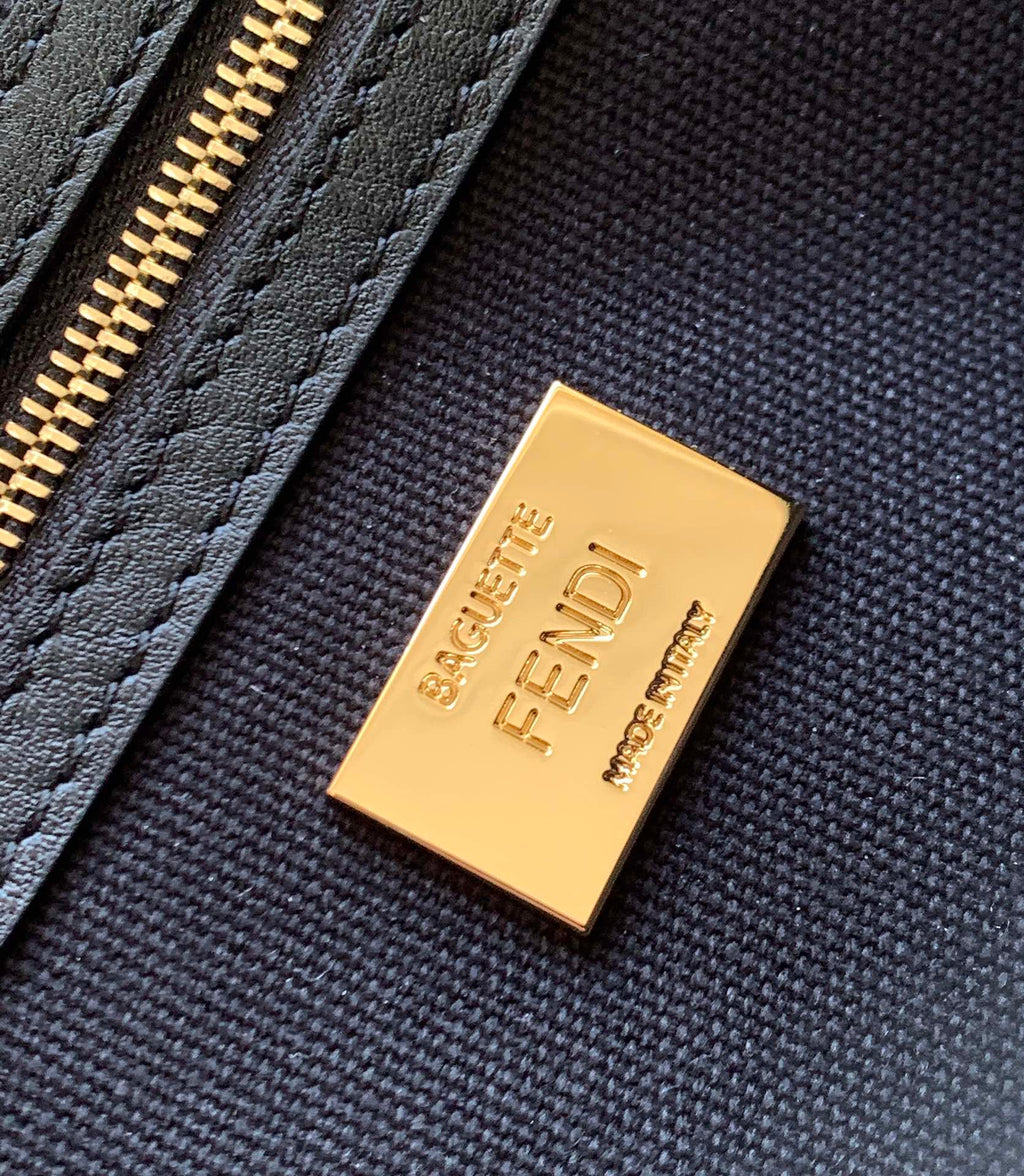 FENDI Fend Baguette Black Canvas Bag 27 with FF Embroidery Ghw