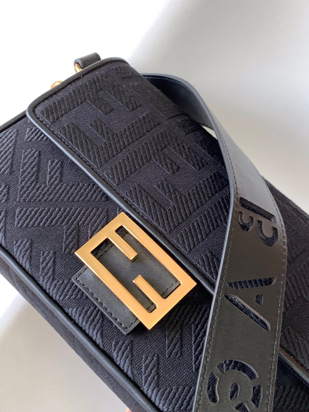 FENDI Fend Baguette Black Canvas Bag 27 with FF Embroidery Ghw