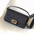 FENDI Fend Baguette Black Canvas Bag 27 with FF Embroidery Ghw