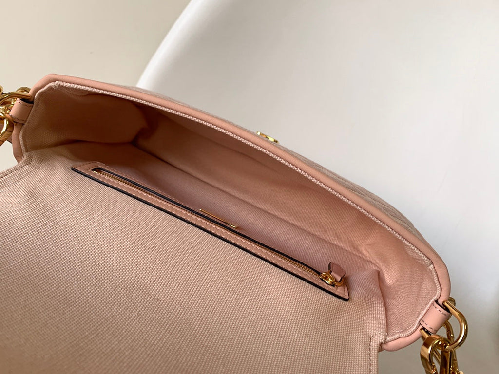 FENDI Fend Baguette Pink Canvas Bag 27 with FF Embroidery Ghw