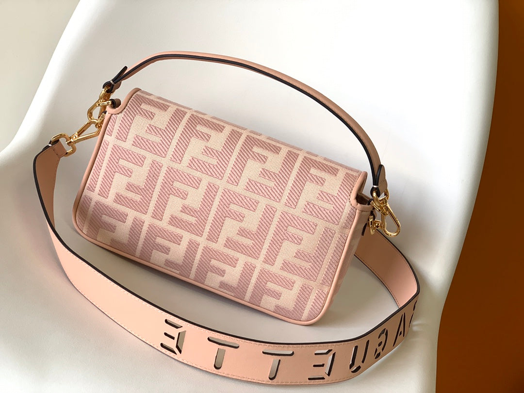 FENDI Fend Baguette Pink Canvas Bag 27 with FF Embroidery Ghw