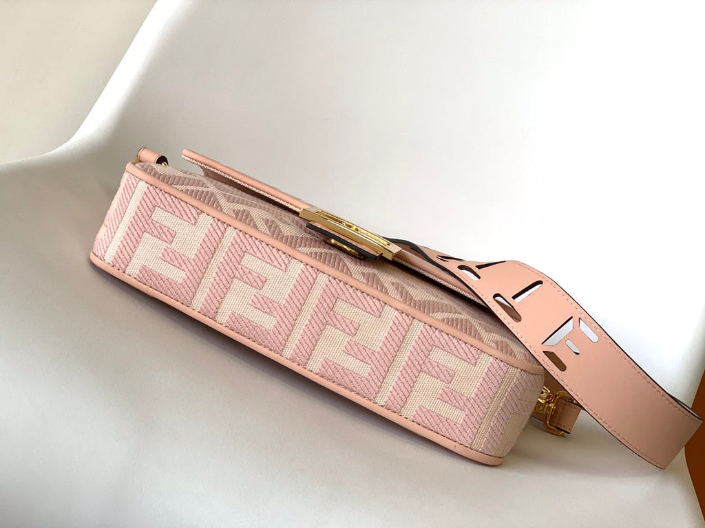 FENDI Fend Baguette Pink Canvas Bag 27 with FF Embroidery Ghw