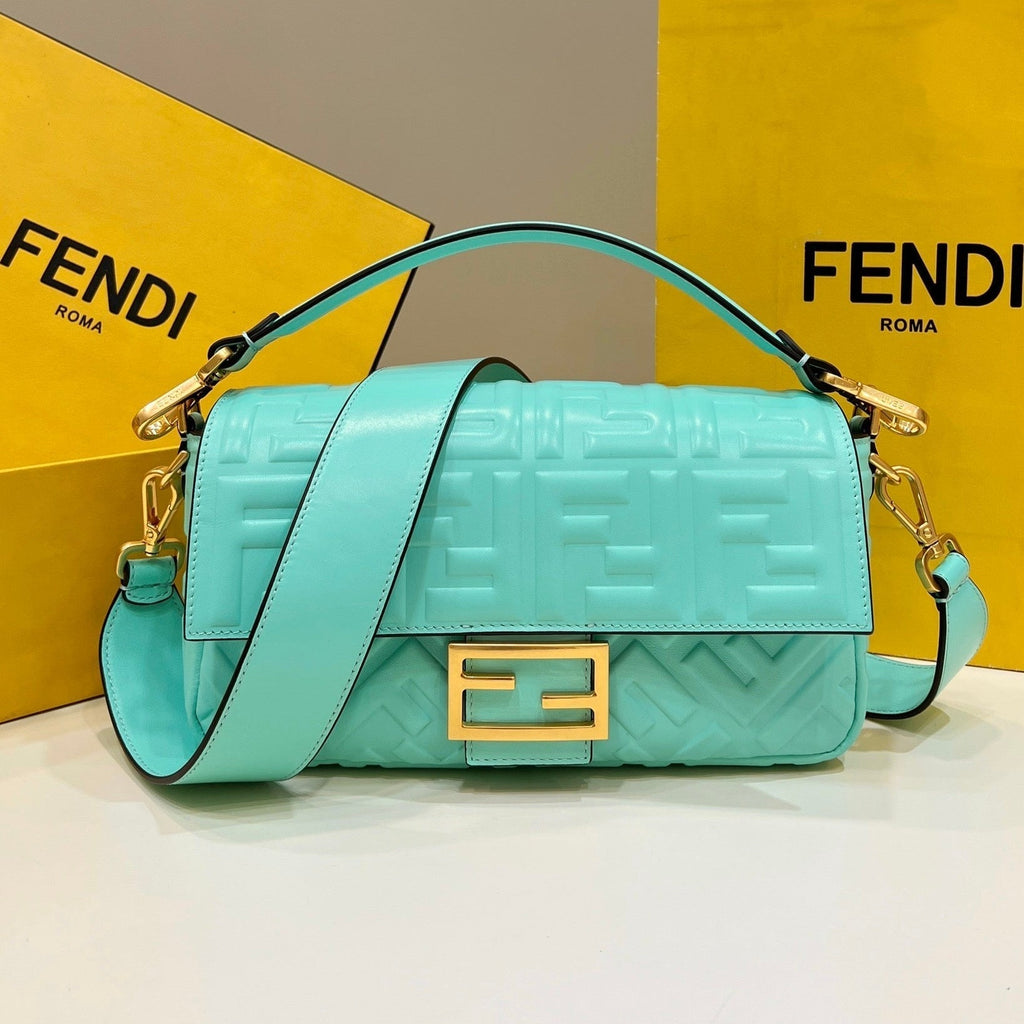FENDI BAGUETTE WITH FF MOTIF 27 IN TURQUOISE SOFT LAMBSKIN GOLD HARDWARE