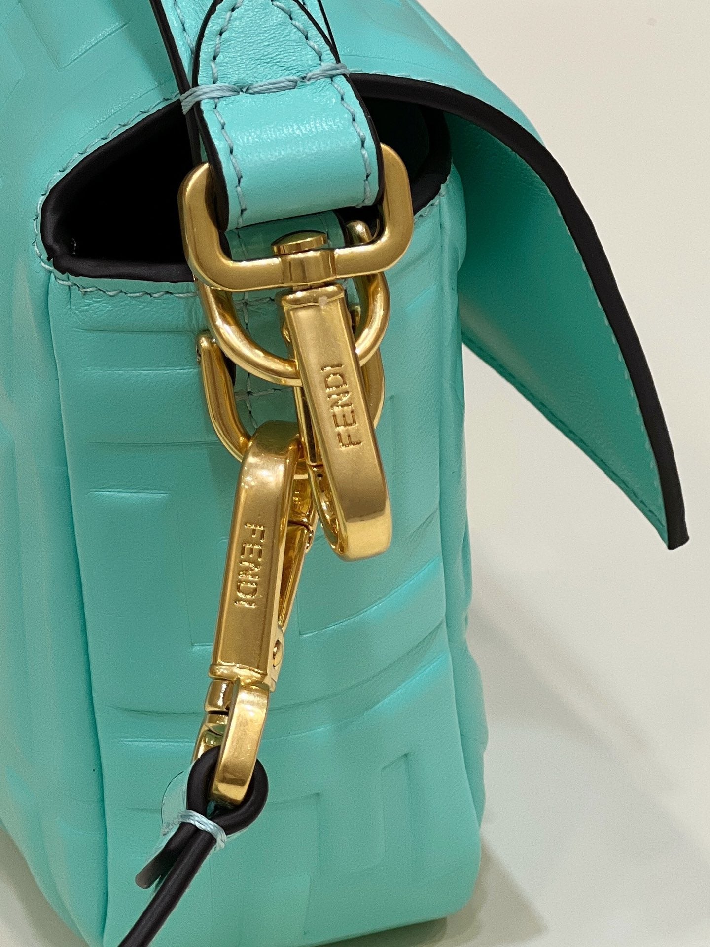 FENDI BAGUETTE WITH FF MOTIF 27 IN TURQUOISE SOFT LAMBSKIN GOLD HARDWARE