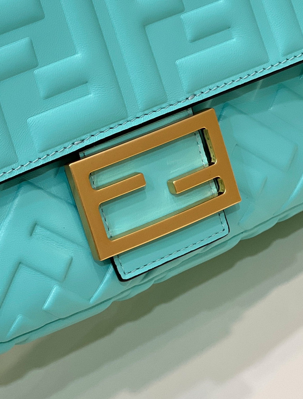 FENDI BAGUETTE WITH FF MOTIF 27 IN TURQUOISE SOFT LAMBSKIN GOLD HARDWARE