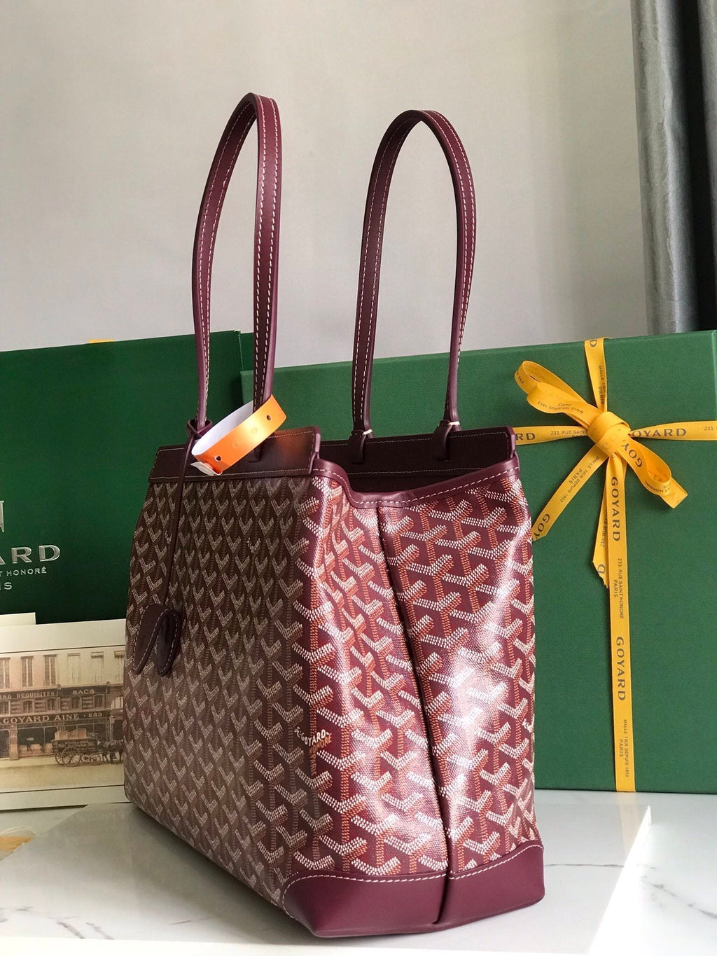 GOYARD BELLECHASSE BIAUDE PM BAG 36 IN WINE RED GOYARDINE CANVAS AND CALFSKIN TRIM