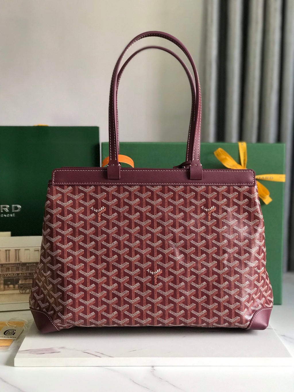 GOYARD BELLECHASSE BIAUDE PM BAG 36 IN WINE RED GOYARDINE CANVAS AND CALFSKIN TRIM