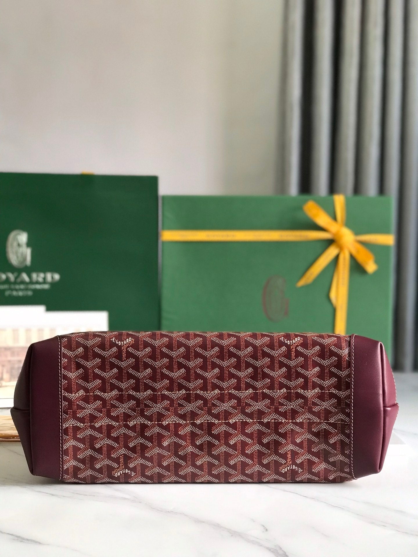 GOYARD BELLECHASSE BIAUDE PM BAG 36 IN WINE RED GOYARDINE CANVAS AND CALFSKIN TRIM