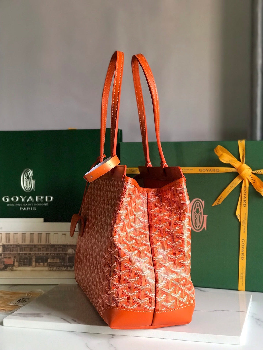 GOYARD BELLECHASSE BIAUDE PM BAG 36 IN ORANGE GOYARDINE CANVAS AND CALFSKIN TRIM