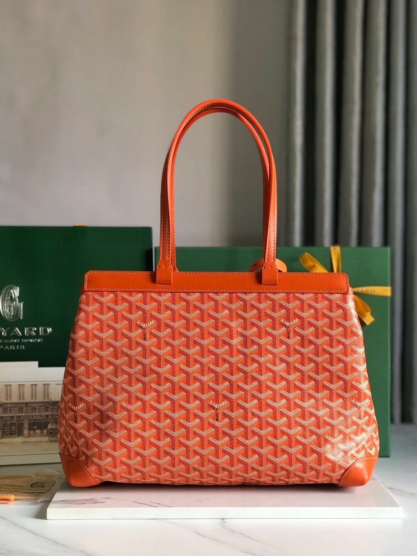 GOYARD BELLECHASSE BIAUDE PM BAG 36 IN ORANGE GOYARDINE CANVAS AND CALFSKIN TRIM