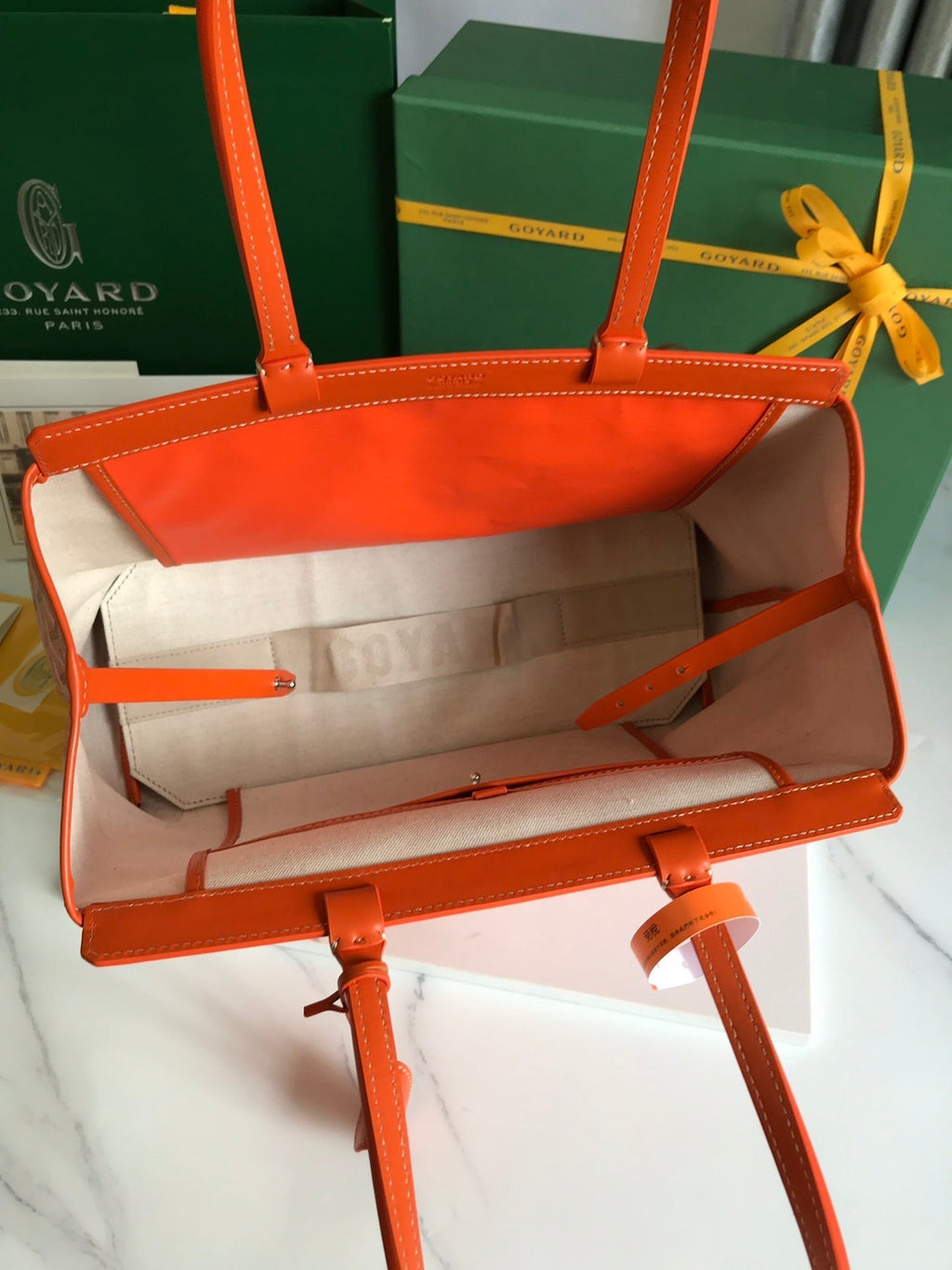 GOYARD BELLECHASSE BIAUDE PM BAG 36 IN ORANGE GOYARDINE CANVAS AND CALFSKIN TRIM