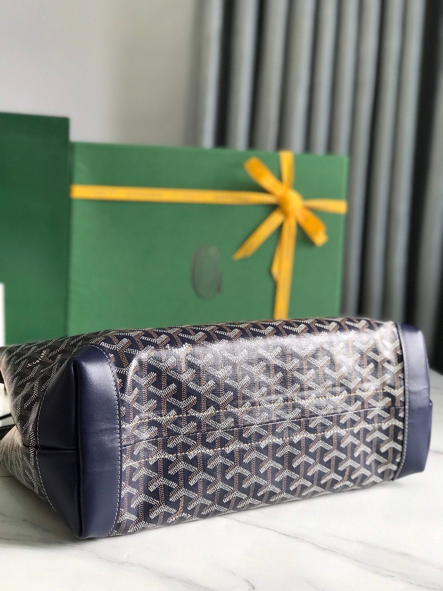GOYARD BELLECHASSE BIAUDE PM BAG 36 IN NAVY BLUE GOYARDINE CANVAS AND CALFSKIN TRIM