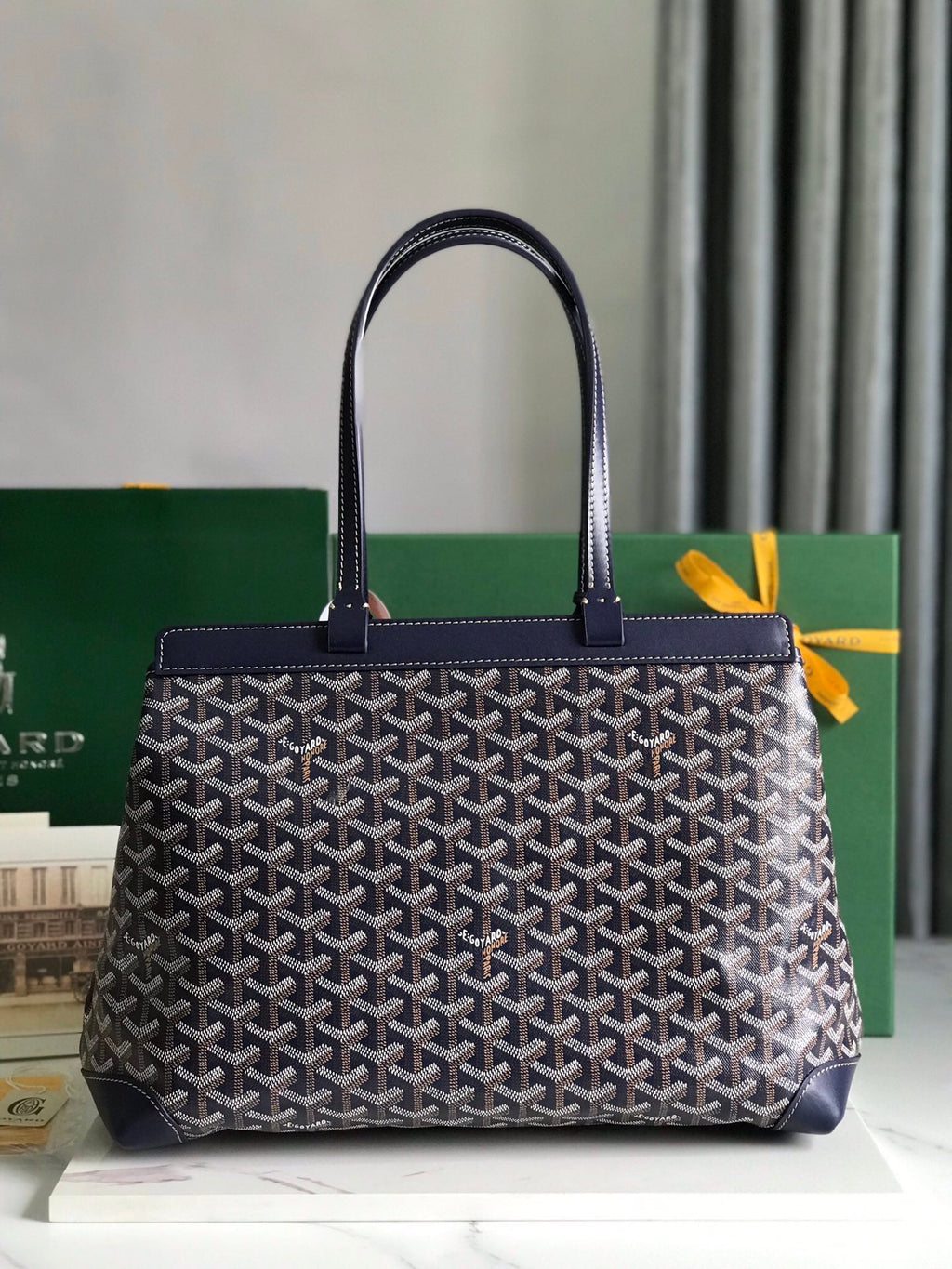GOYARD BELLECHASSE BIAUDE PM BAG 36 IN NAVY BLUE GOYARDINE CANVAS AND CALFSKIN TRIM