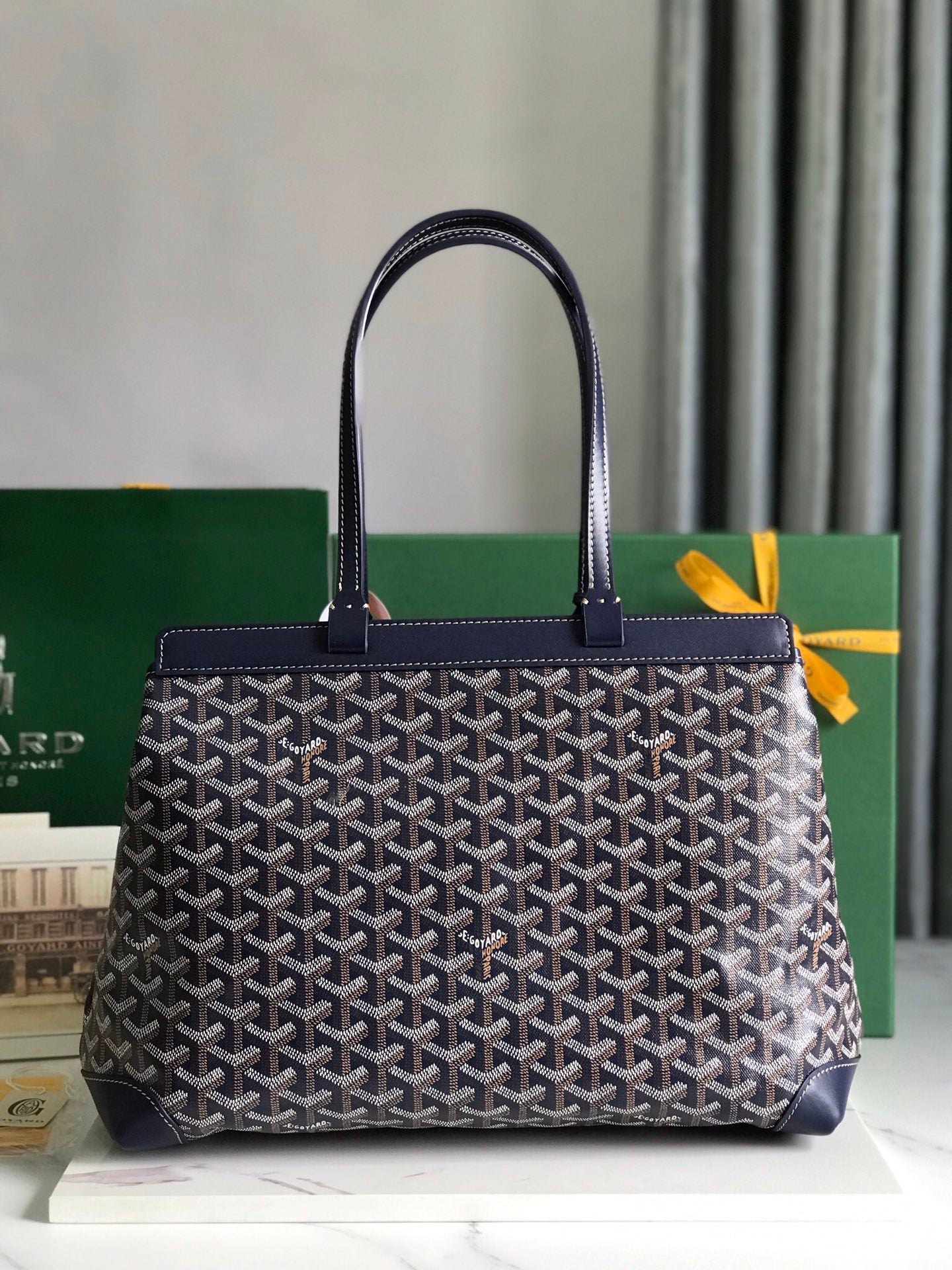 GOYARD BELLECHASSE BIAUDE PM BAG 36 IN NAVY BLUE GOYARDINE CANVAS AND CALFSKIN TRIM