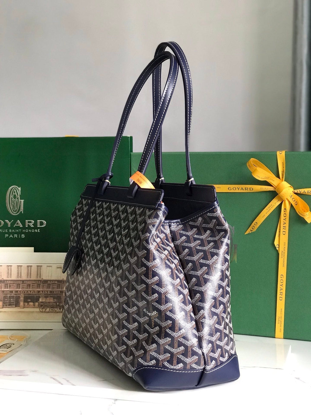 GOYARD BELLECHASSE BIAUDE PM BAG 36 IN NAVY BLUE GOYARDINE CANVAS AND CALFSKIN TRIM
