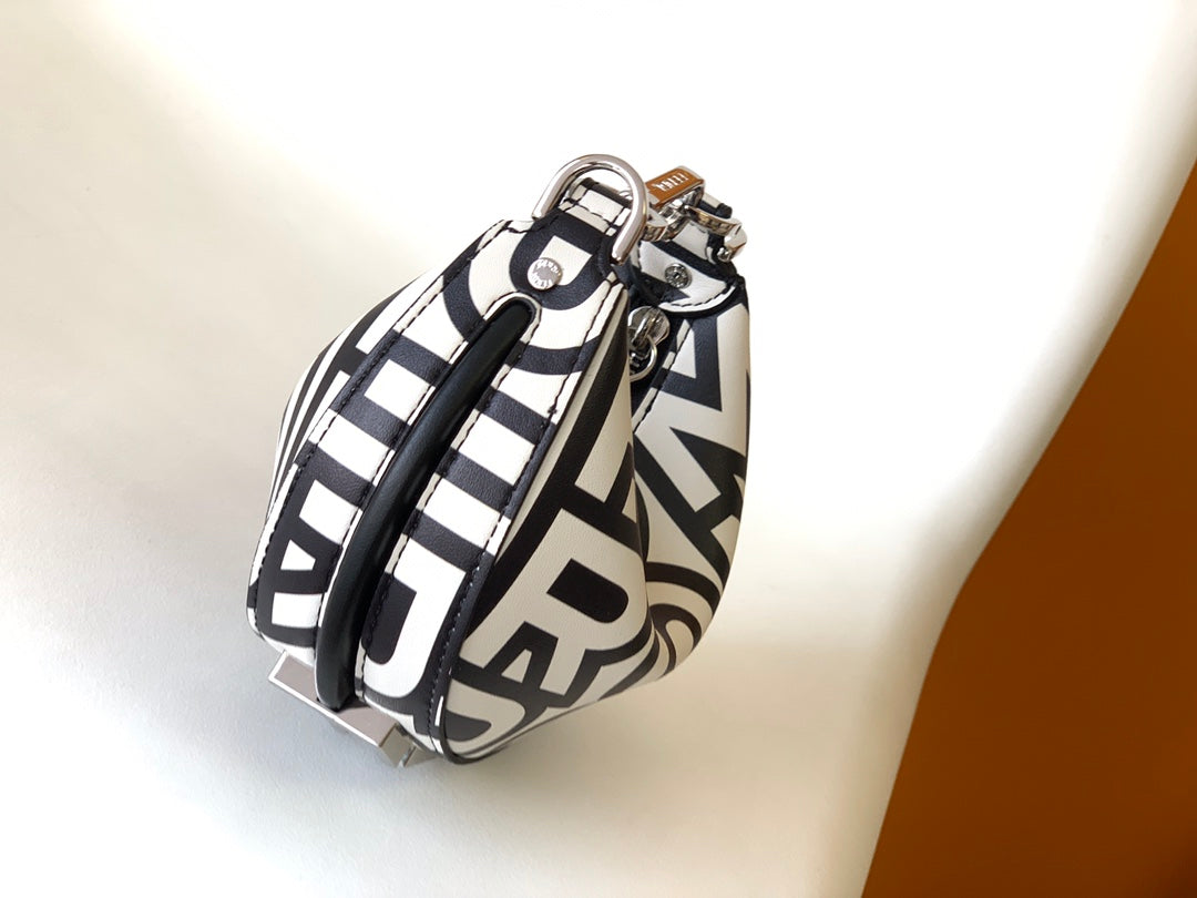 FENDI FENDIGRAPHY MINI 16 IN WHITE MIX BLACK SMOOTH CALFSKIN SILVER HARDWARE